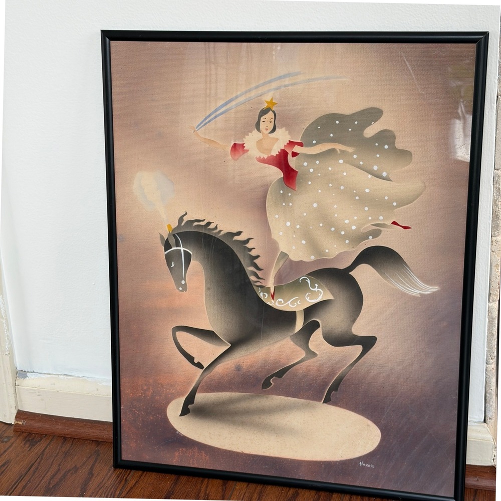 Vintage Harris Art Print Circus Horse Rider MCM Airbrush Muted Tones